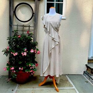BCBGMaxAzria Antique White Floral Dots Asymmetric Ruffle Dress